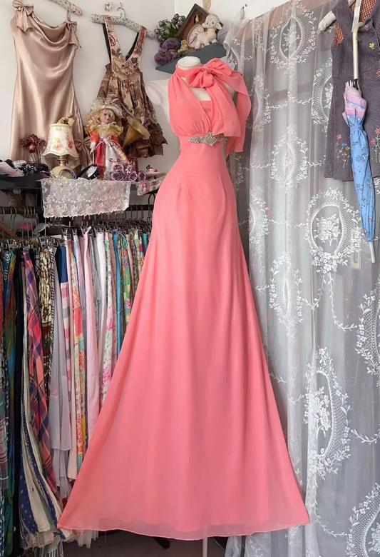 Vintage Coral Powder A Line Halter Beaded Chiffon Prom Dress Evening Dress DP5240