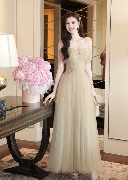 Light Brown A Line Off the Shoulder Beaded Tulle Prom Dress Evening Dress DP5927