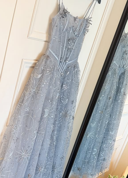 Dreamy Blue A Line Spaghetti Straps Embroidered Beaded Tulle Prom Dress Evening Dress DP6134