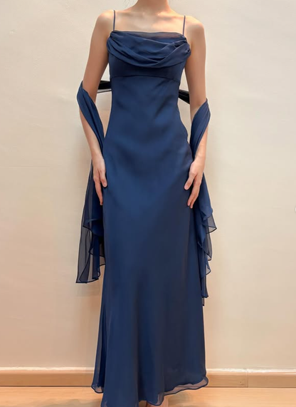 Vintage Navy Blue Simple Sheath Chiffon Prom Dress Evening Dress Date Dress DP5281