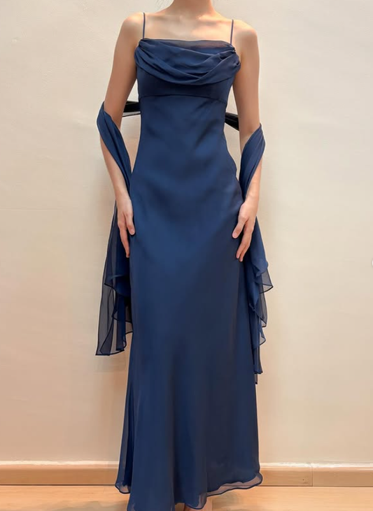 Vintage Navy Blue Simple Sheath Chiffon Prom Dress Evening Dress Date Dress DP5281
