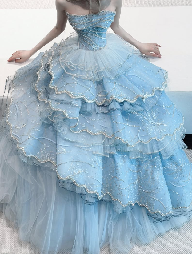 Baby Blue Ball Gown Strapless Shiny Beaded Layered Tulle Prom Dress Quinceanera Dress DP6611