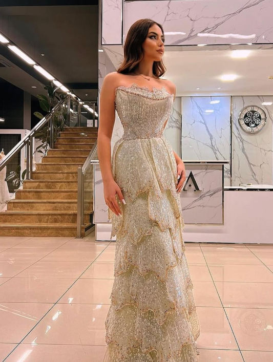 Gorgeous A Line Strapless Tiered Sequin Tulle Party Dress Evening Dress DP2317
