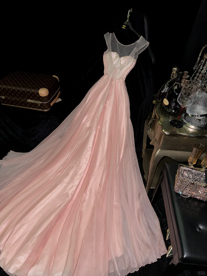 Gentle Pink A Line Sweetheart Neck Tulle Satin Prom Dress Party Evening Dress DP5338
