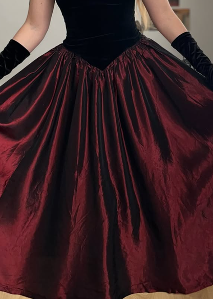 Vintage A Line Strapless Black Velvet Burgundy Satin Prom Dress Evening Dress DP5724