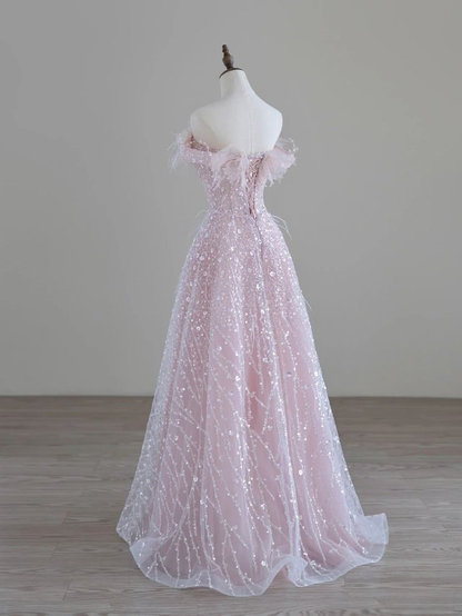 Off Shoulder Feather Pink Glitter Prom Dress Evening Dress DP148