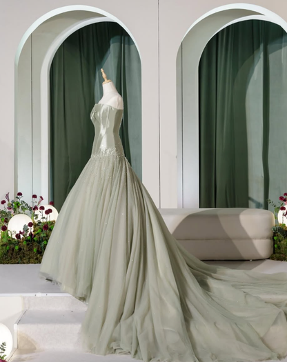 Sage Green Off the Shoulder Beaded Satin Tulle Prom Dress DP4919