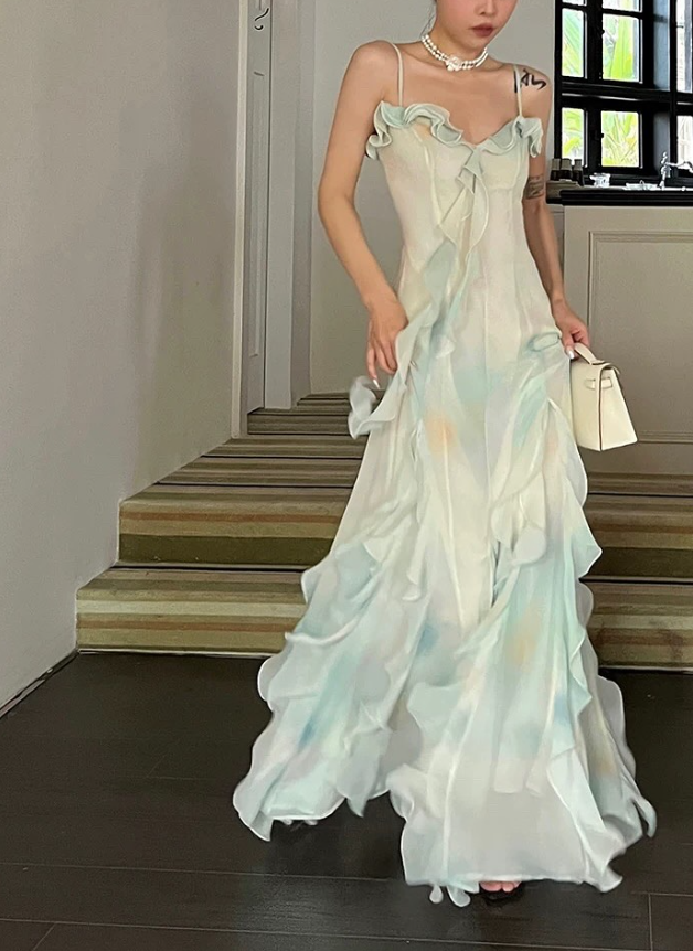 Dreamy Light Green A Line Straps Ruffle Chiffon Prom Dress Evening Dress DP5267