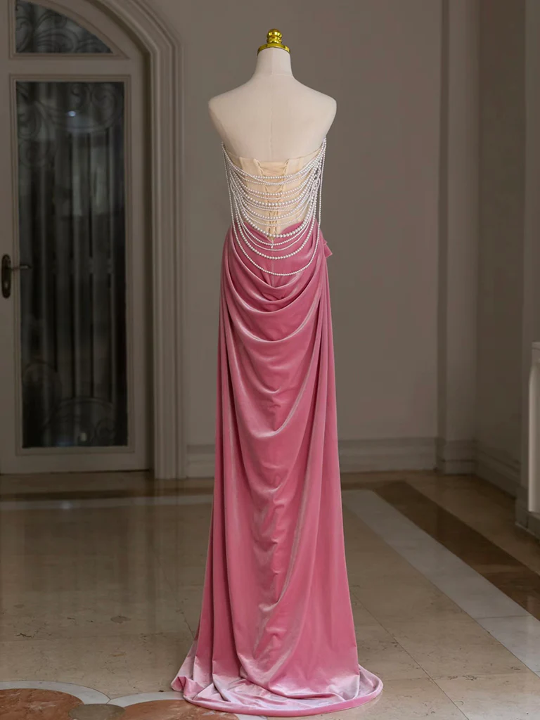 Mermaid Pink Velvet Pearls Long Prom Dress Formal Evening Dress DP635