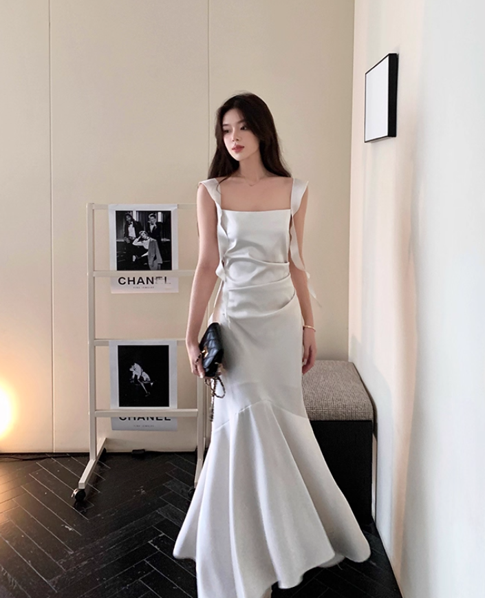 Elegant White Mermaid Straps Satin Prom Dress Formal Dress Evening Dress DP3451