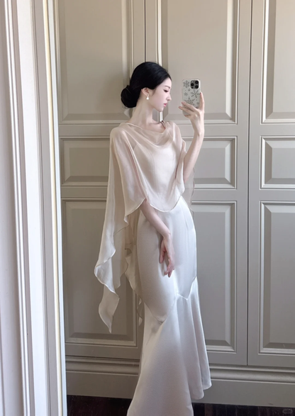 Gentle Apricot Mermaid Chiffon Satin Long Prom Dress Outfits DP4617