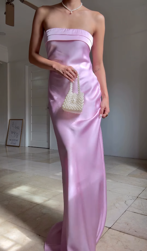 Sweety Sheath Strapless Pink Satin Open Back Long Graduation Prom Dress DP4878