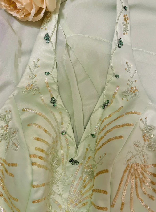 Vintage Sheath V Neck Beaded Green Layered Chiffon Prom Dress Wedding Guest Dress DP4280