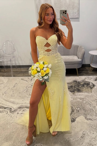 Beautiful Mermaid Sweetheart Yellow Lace Long Prom Dress with Keyhole DP7495