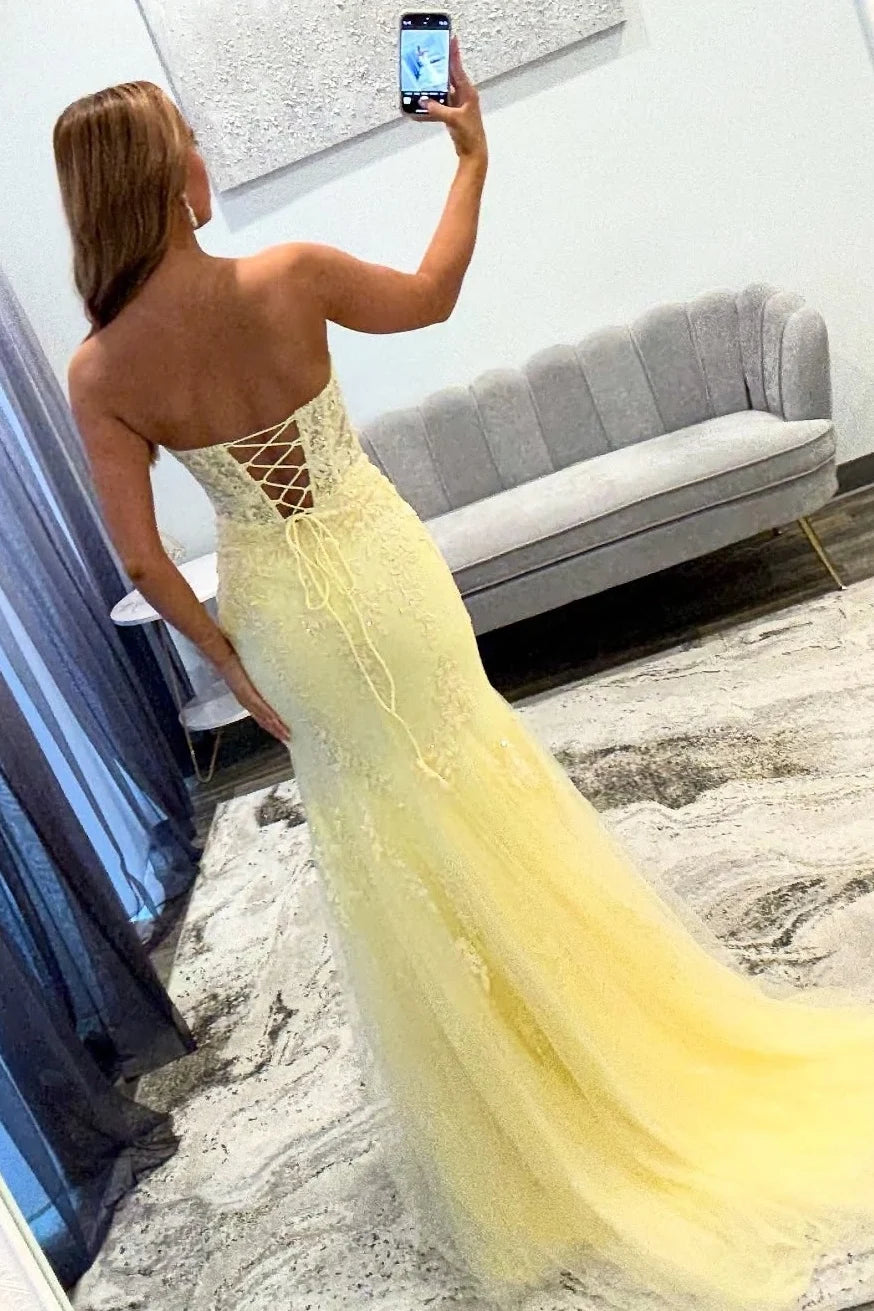 Beautiful Mermaid Sweetheart Yellow Lace Long Prom Dress with Keyhole DP7495