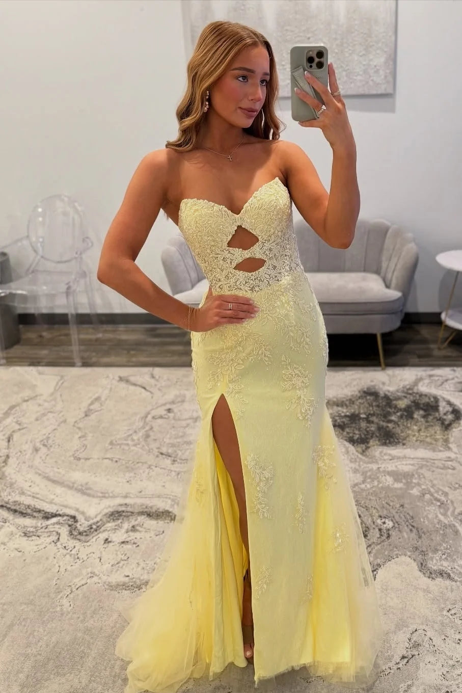 Beautiful Mermaid Sweetheart Yellow Lace Long Prom Dress with Keyhole DP7495