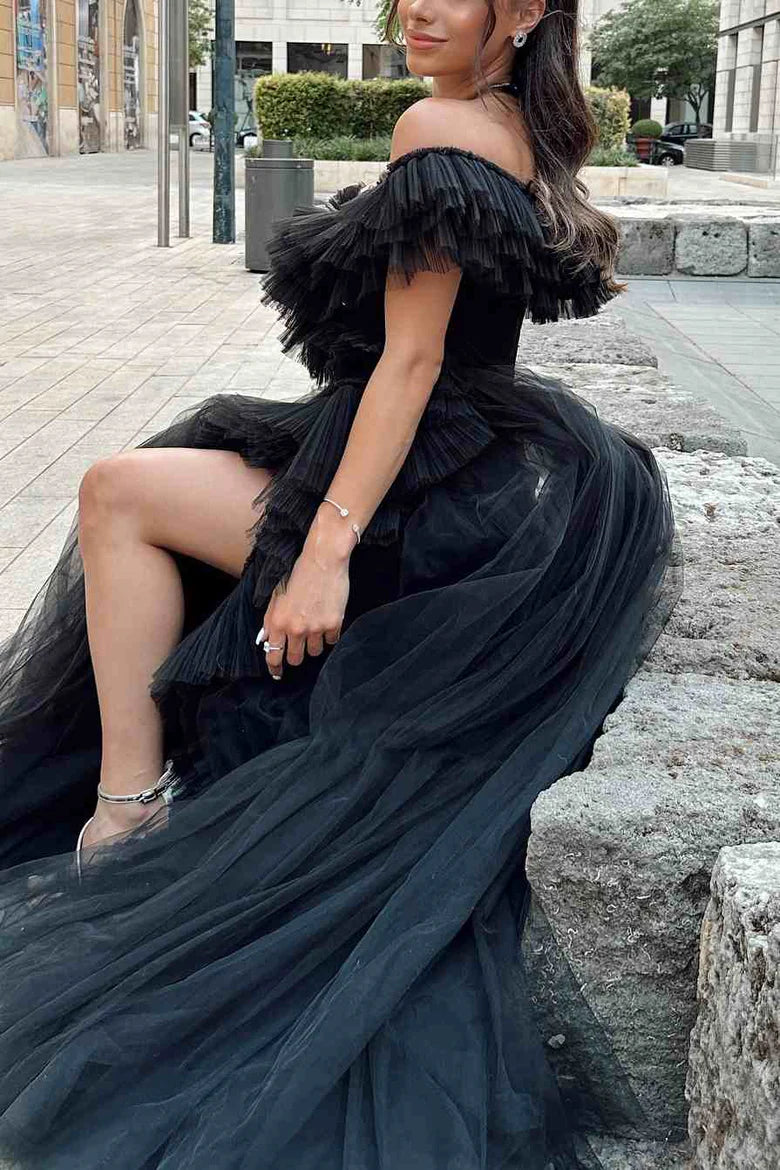 A Line Off the Shoulder Black Layered Tulle Long Prom Dress with Slit DP1120