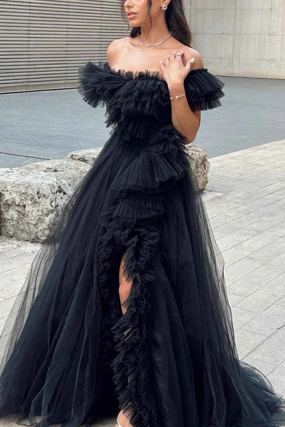 A Line Off the Shoulder Black Layered Tulle Long Prom Dress with Slit DP1120