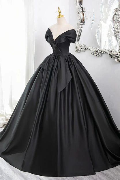 Elegant A Line Off the Shoulder Black Satin Long Prom Dress Evening Dress DP1302