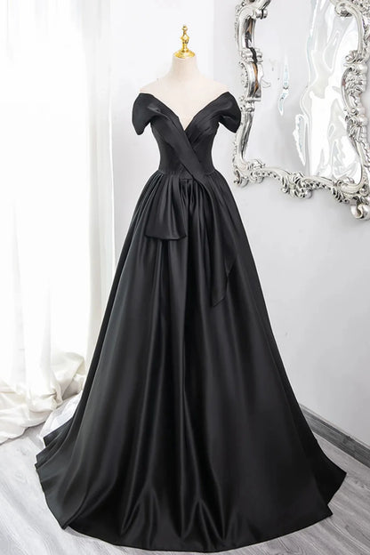 Elegant A Line Off the Shoulder Black Satin Long Prom Dress Evening Dress DP1302