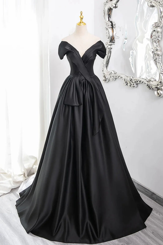 Elegant A Line Off the Shoulder Black Satin Long Prom Dress Evening Dress DP1302