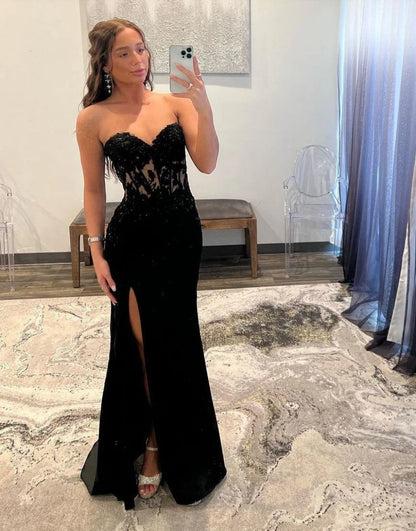 Black Sweetheart Zipper Back Long Prom Dress With Split DP7753
