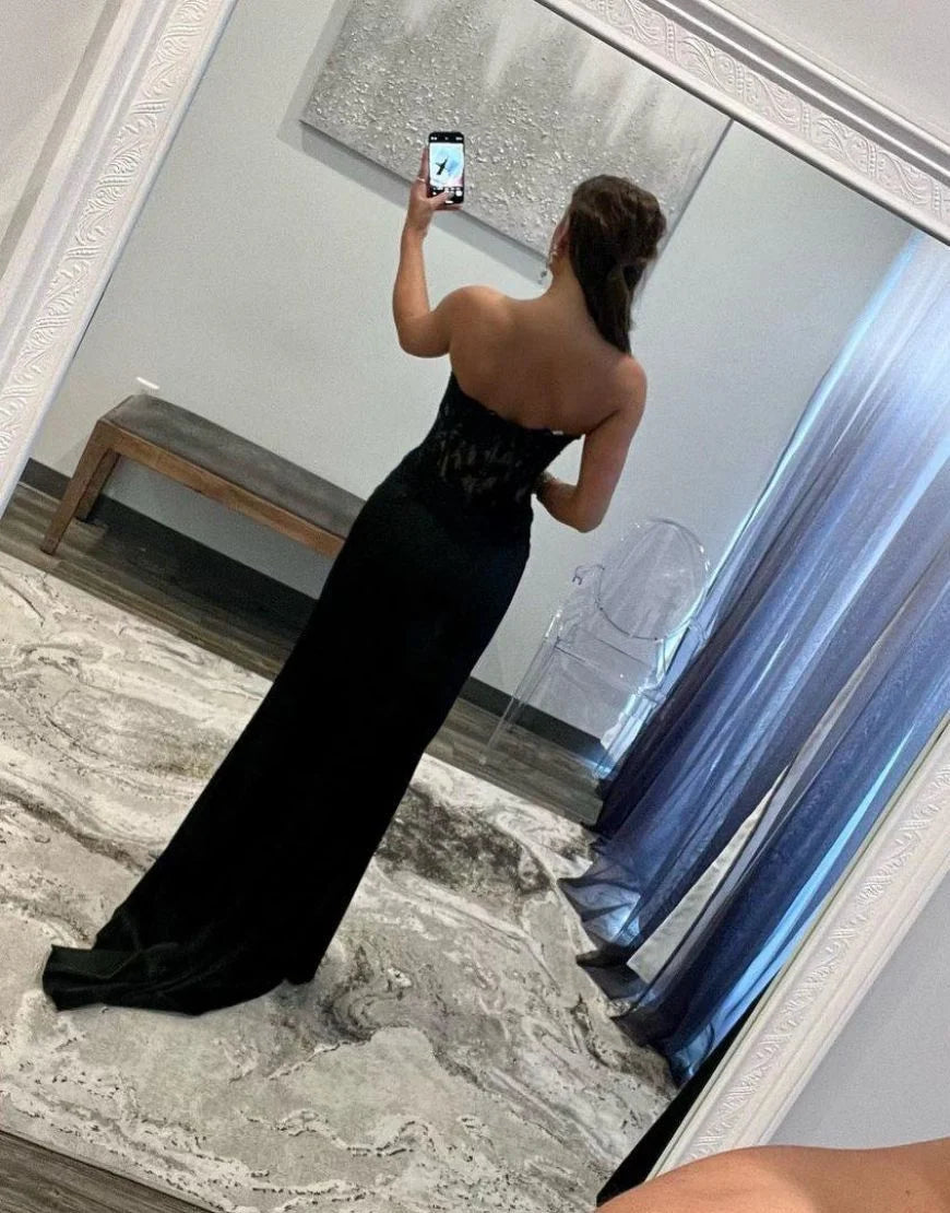Black Sweetheart Zipper Back Long Prom Dress With Split DP7753
