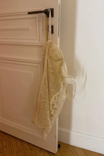 Bling Sheath Spaghetti Straps Ivory Sequins Short Homecoming Dress with Lace DP7292