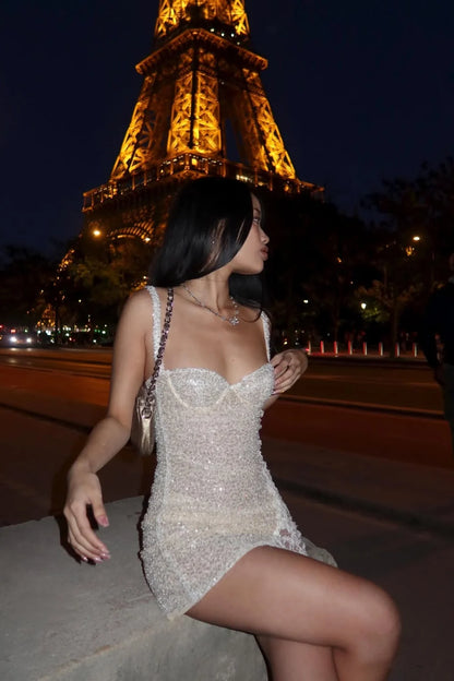 Bling Sheath Spaghetti Straps Ivory Sequins Short Homecoming Dress with Lace DP7292