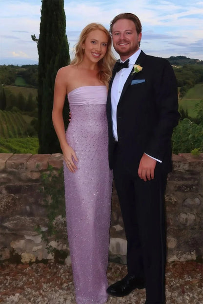 Bling Sheath Strapless Lilac Long Prom Dress with Pearls DP7159