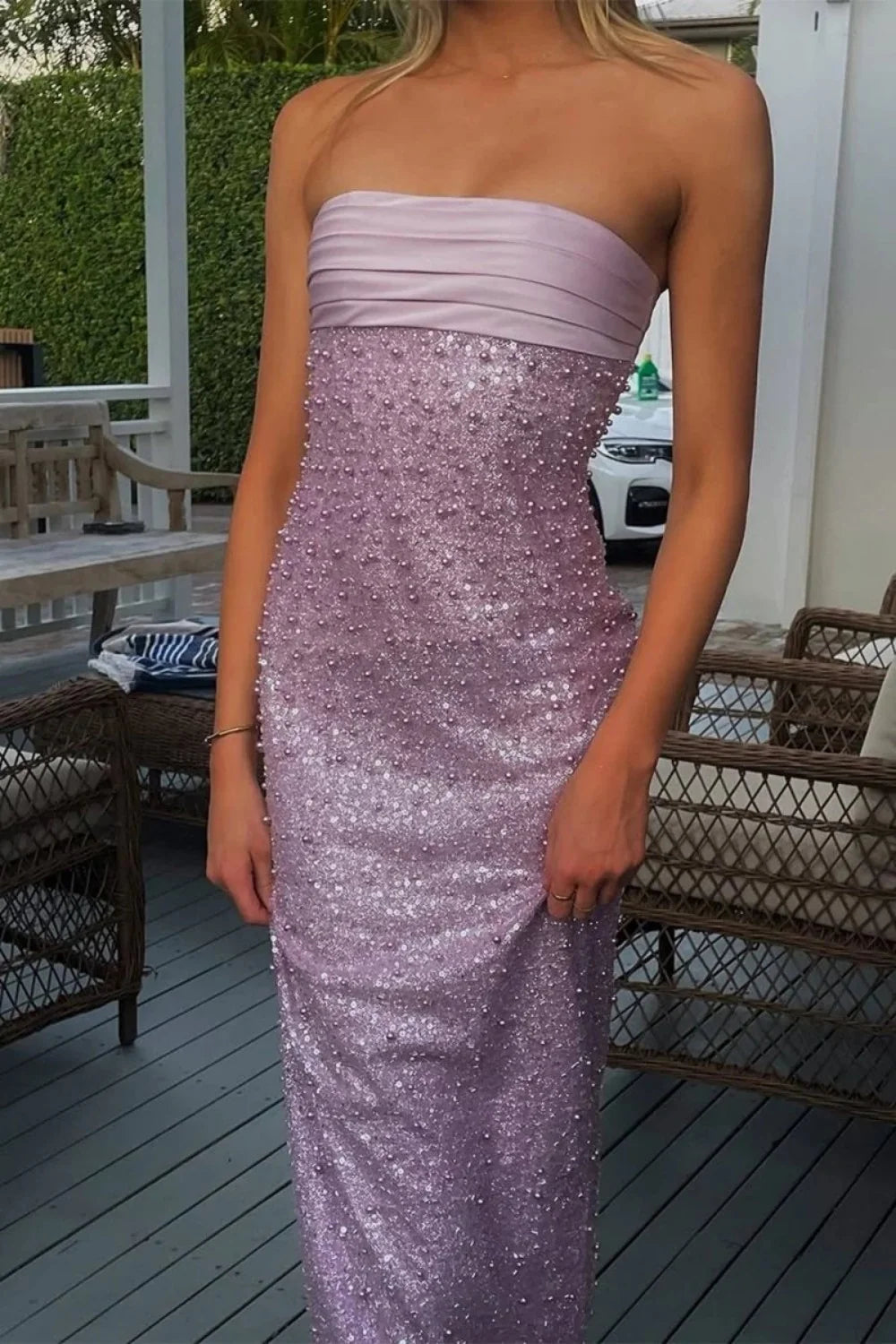 Bling Sheath Strapless Lilac Long Prom Dress with Pearls DP7159