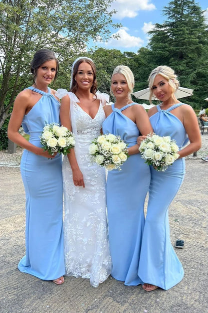 Sheath Halter Bright Blue Satin Backless Bridesmaid Dress DP5854