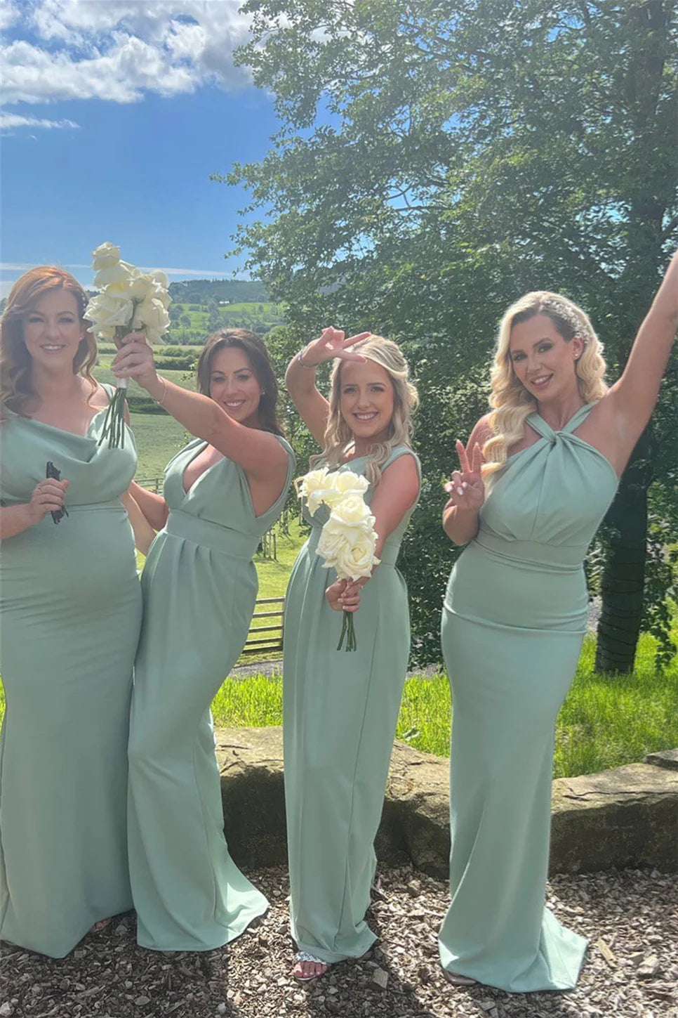 Sheath Halter Bright Blue Satin Backless Bridesmaid Dress DP5854