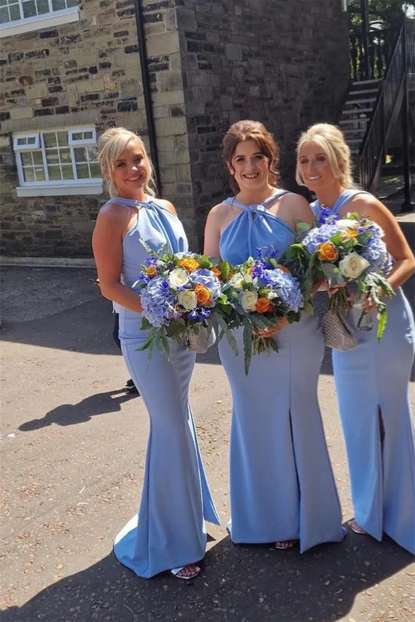 Sheath Halter Bright Blue Satin Backless Bridesmaid Dress DP5854