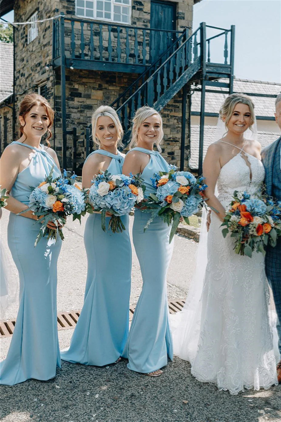 Sheath Halter Bright Blue Satin Backless Bridesmaid Dress DP5854