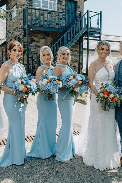 Sheath Halter Bright Blue Satin Backless Bridesmaid Dress DP5854