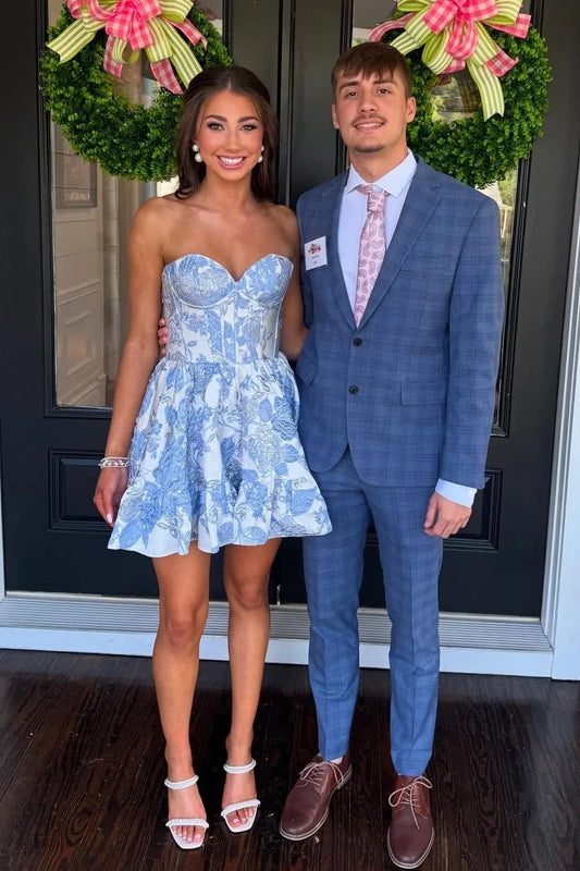 Blue Sweetheart A-Line Short Floral Print Homecoming Dress DP7076