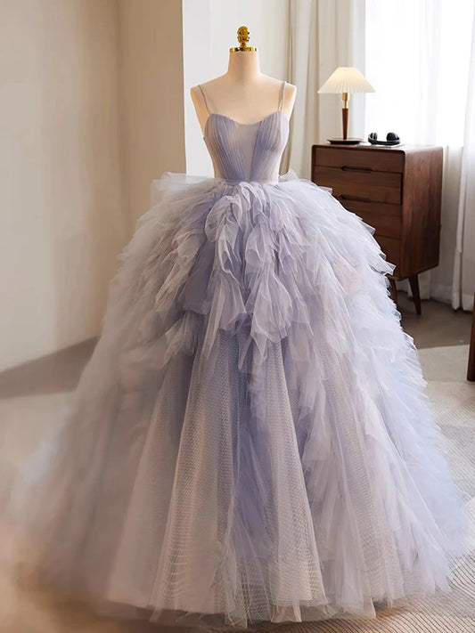 Purple Line Spaghetti Strap Layered Tulle Prom Dress Evening Dress DP944