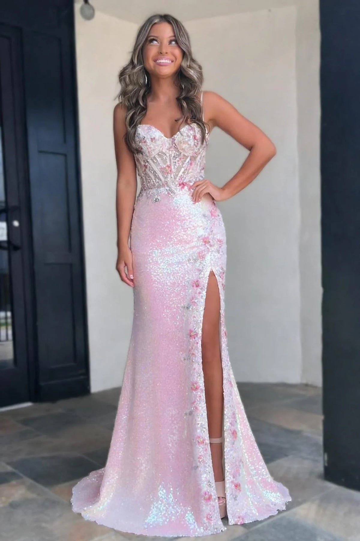 Sparkly Mermaid Spaghetti Straps Blush Pink Sequin Prom Dress with Corset Bodice and Slit DP7446