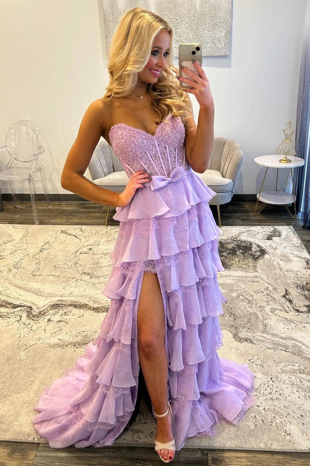 Cute A Line Sweetheart Lilac Corset Prom Dress with Appliques Criss Cross Back DP7590