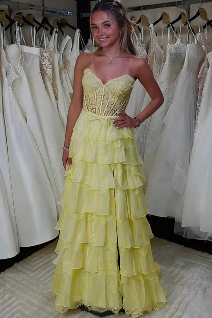 Cute A Line Sweetheart Yellow Corset Prom Dress with Appliques Criss Cross Back DP7589
