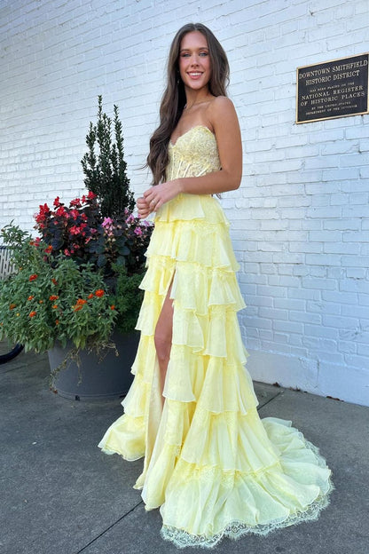 Cute A Line Sweetheart Yellow Corset Prom Dress with Appliques Criss Cross Back DP7589