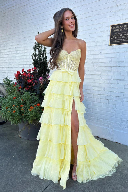 Cute A Line Sweetheart Yellow Corset Prom Dress with Appliques Criss Cross Back DP7589