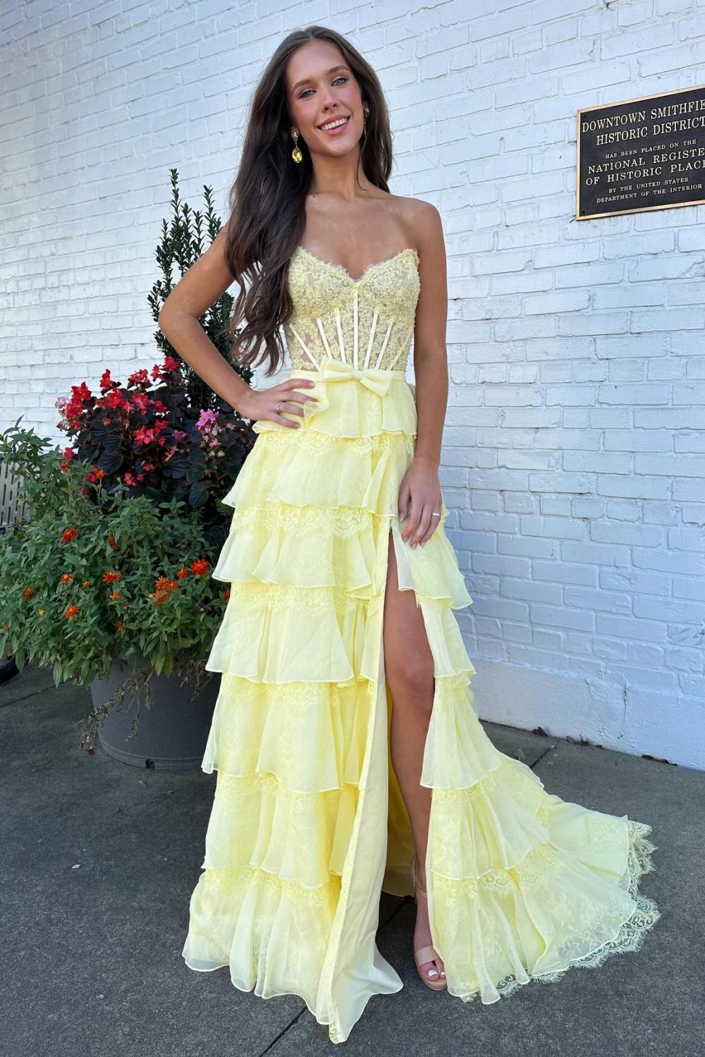 Cute A Line Sweetheart Yellow Corset Prom Dress with Appliques Criss Cross Back DP7589