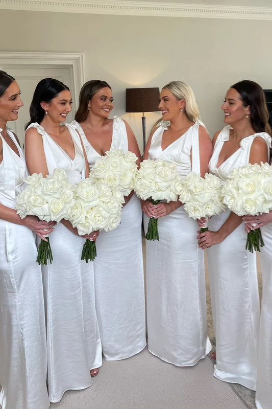 Pretty Bow Tie White Sheath Satin Long Bridesmaid Dress DP5846