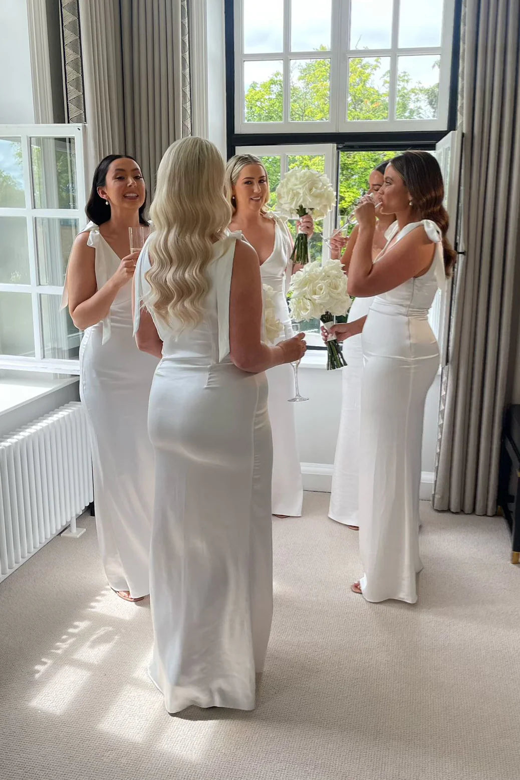Pretty Bow Tie White Sheath Satin Long Bridesmaid Dress DP5846