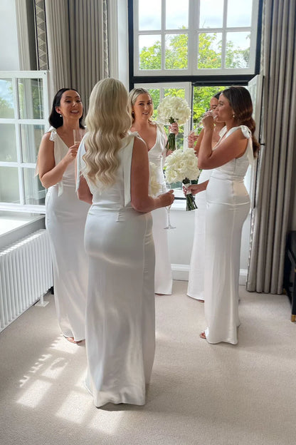 Pretty Bow Tie White Sheath Satin Long Bridesmaid Dress DP5846