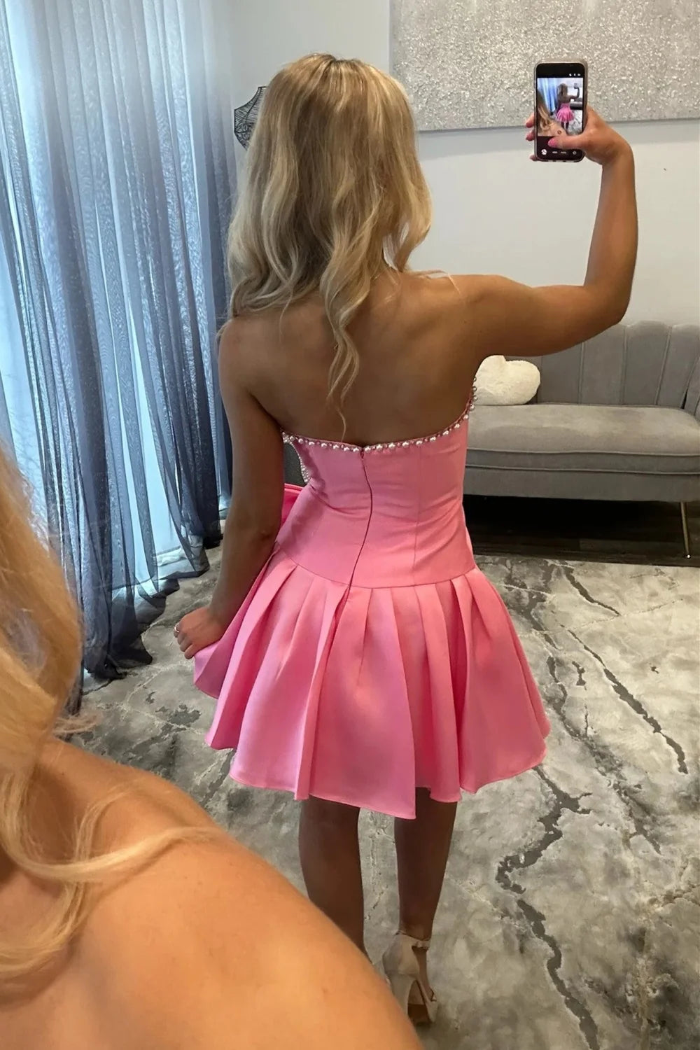 Cute A Line Strapless Pink Short Homecoming Dress with Pearls Bowknot DP7336