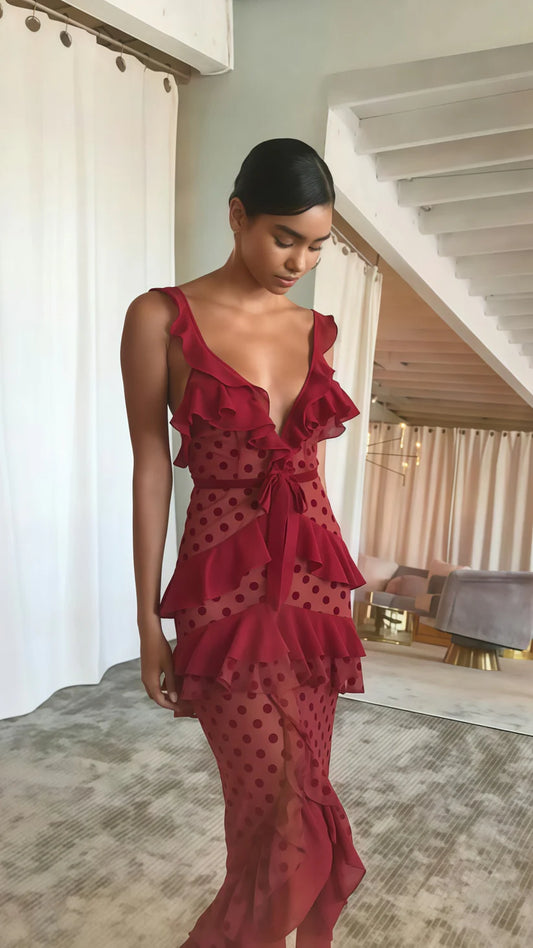Burgundy Mermaid V Neck Polka Dots Ruffle Chiffon Long Prom Dress Evening Dress DP1577