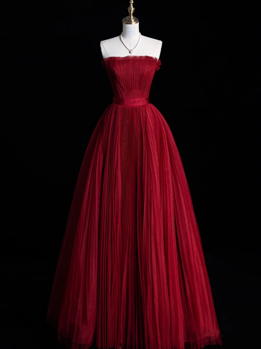 Simple A Line Strapless Burgundy Tulle Long Prom Dress Evening Dress DP2090